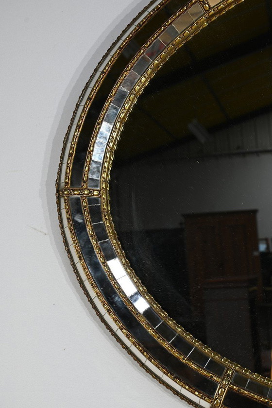 Image 1 of Oval Glazed Brass Mirror, Hollywood Regency Style - 1970