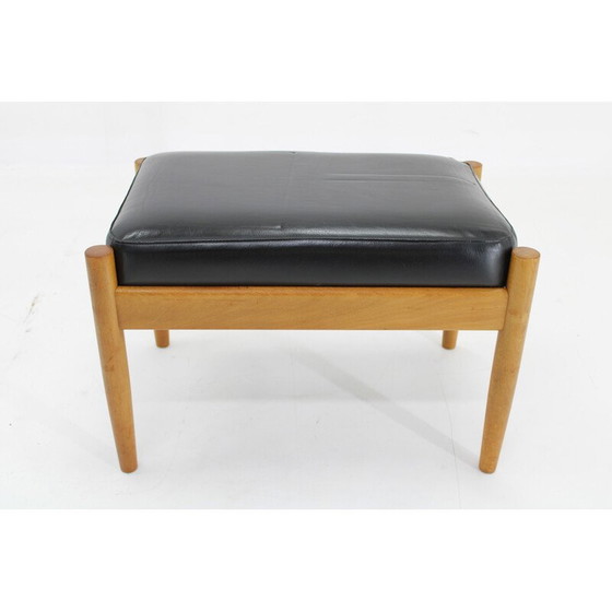 Image 1 of Vintage leather and beech stool, Denmark 1960