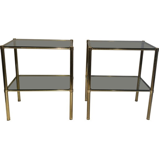 Coppia di estremità di divani vintage in ottone con piani in vetro fumé, 1960