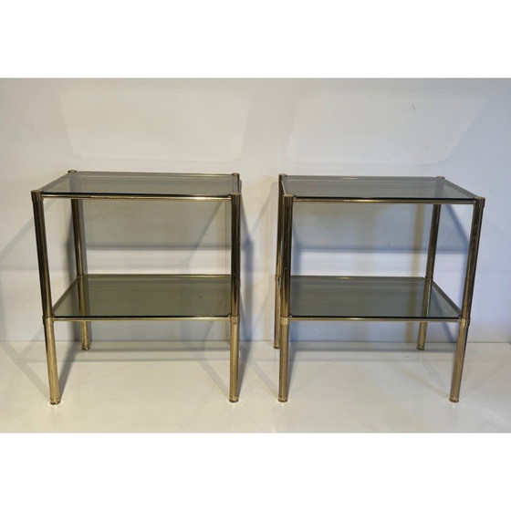 Image 1 of Coppia di estremità di divani vintage in ottone con piani in vetro fumé, 1960