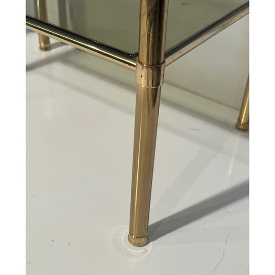 Image 1 of Coppia di estremità di divani vintage in ottone con piani in vetro fumé, 1960
