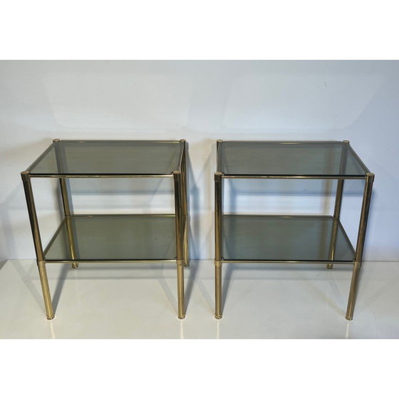 Image 1 of Coppia di estremità di divani vintage in ottone con piani in vetro fumé, 1960