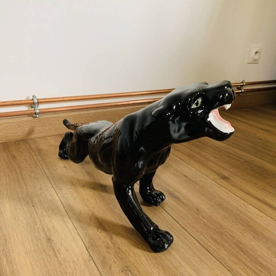 Image 1 of Vintage black ceramic panther with green eyes from Monaco