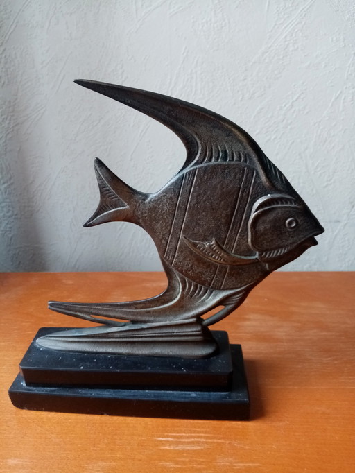 Sculpture Poisson Scalaire En Bronze Fixé Sur Marbre Noir