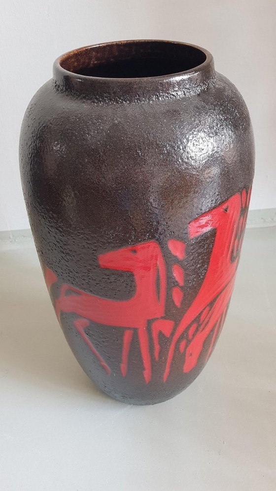 Image 1 of German Ceramic Floor Vase With Horses From Scheurich, 1960S