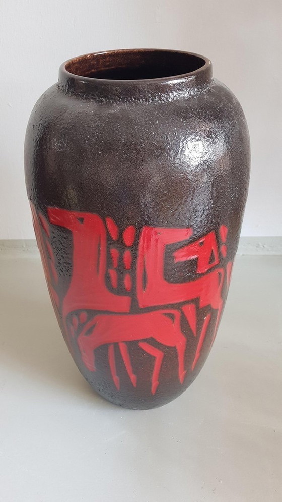 Image 1 of German Ceramic Floor Vase With Horses From Scheurich, 1960S