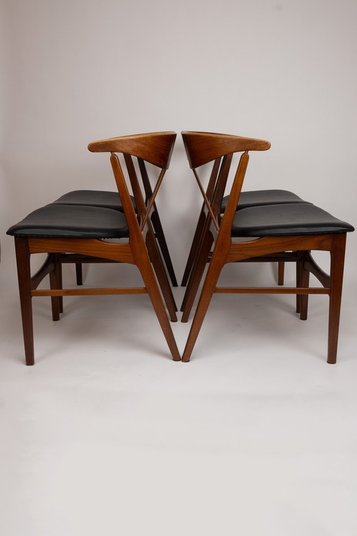 Set Of 4 Danish Teak Chairs With Black Skai Upholstery