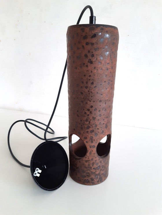 Image 1 of Brown Ceramic Pottery Vintage Brutalist Pendant Lamp