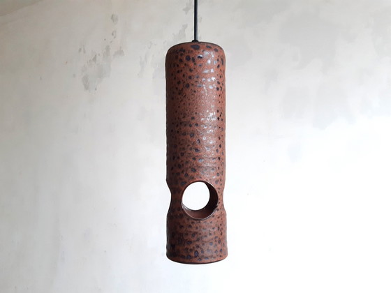 Image 1 of Brown Ceramic Pottery Vintage Brutalist Pendant Lamp