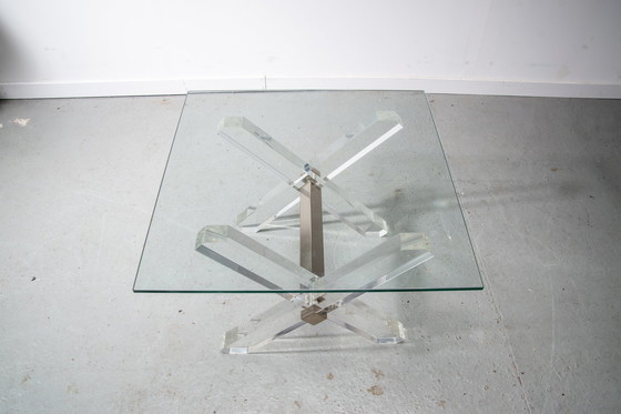 Image 1 of Glass, Lucite and Brass side table