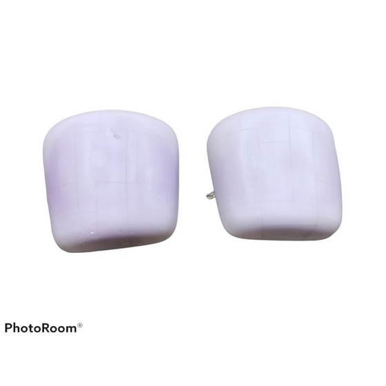 Image 1 of Pair of vintage white opal glass sconces with purple shades, 1950