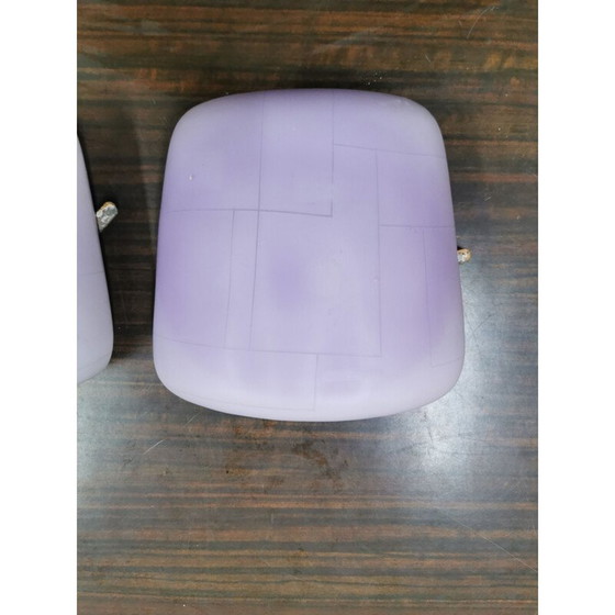 Image 1 of Pair of vintage white opal glass sconces with purple shades, 1950