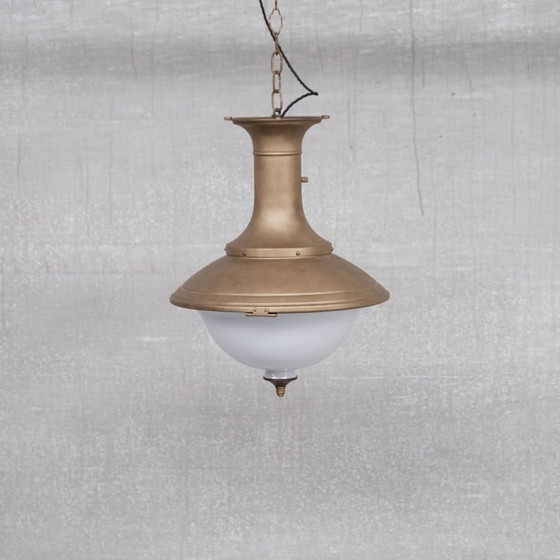 Image 1 of Pair of vintage brass and opaline pendant lamps, Holland 1950s