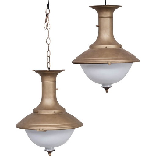 Pair of vintage brass and opaline pendant lamps, Holland 1950s