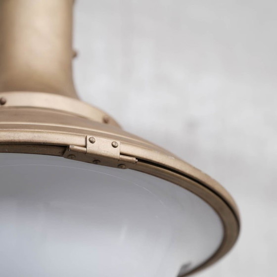 Image 1 of Pair of vintage brass and opaline pendant lamps, Holland 1950s