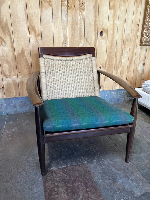 Mid Century Scandinavian Teak Cane Back Lounge Chair Circa 1950S