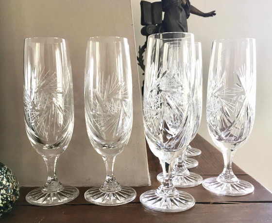 Image 1 of Set Of 7 Cut Crystal Champagne Flutes