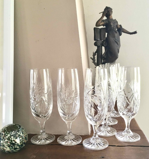 Set Of 7 Cut Crystal Champagne Flutes