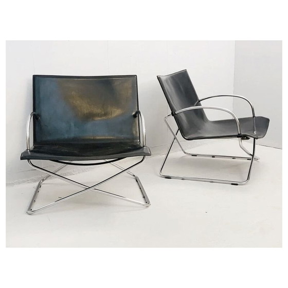 Image 1 of Pair of vintage black leather armchairs Italy 1970s