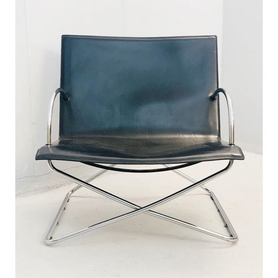 Image 1 of Pair of vintage black leather armchairs Italy 1970s