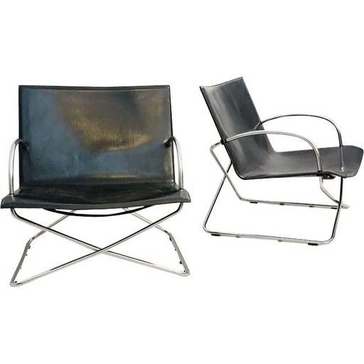 Pair of vintage black leather armchairs Italy 1970s