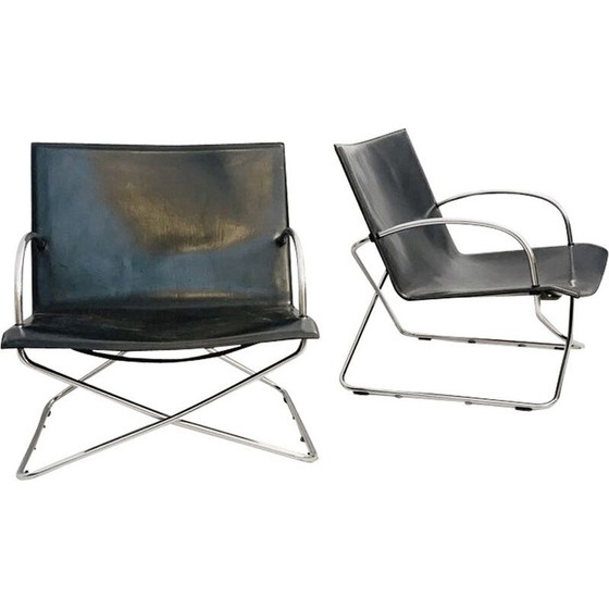 Image 1 of Pair of vintage black leather armchairs Italy 1970s