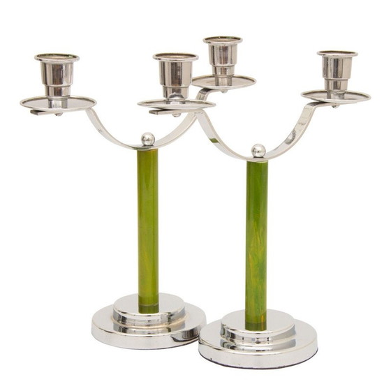 Image 1 of Pair of vintage chrome-plated metal candlesticks, 1930