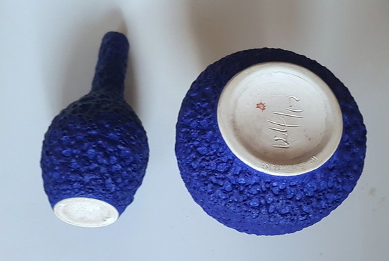 Image 1 of 2X Fat Lava Ceramic Vases In Royal Blue