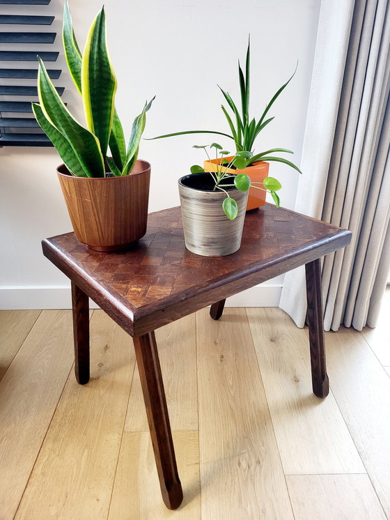 Image 1 of Solid Wood Side Table Or Plant Table Inlaid Top, Country Style, Brutalist