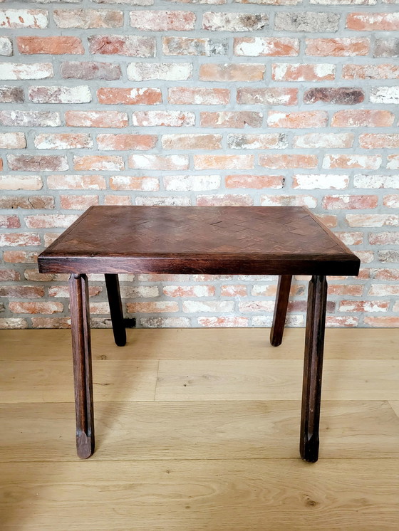 Image 1 of Solid Wood Side Table Or Plant Table Inlaid Top, Country Style, Brutalist