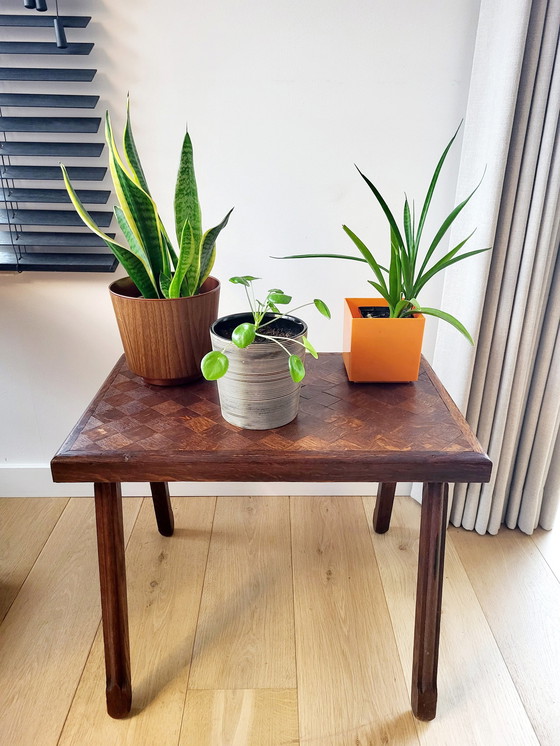 Image 1 of Solid Wood Side Table Or Plant Table Inlaid Top, Country Style, Brutalist