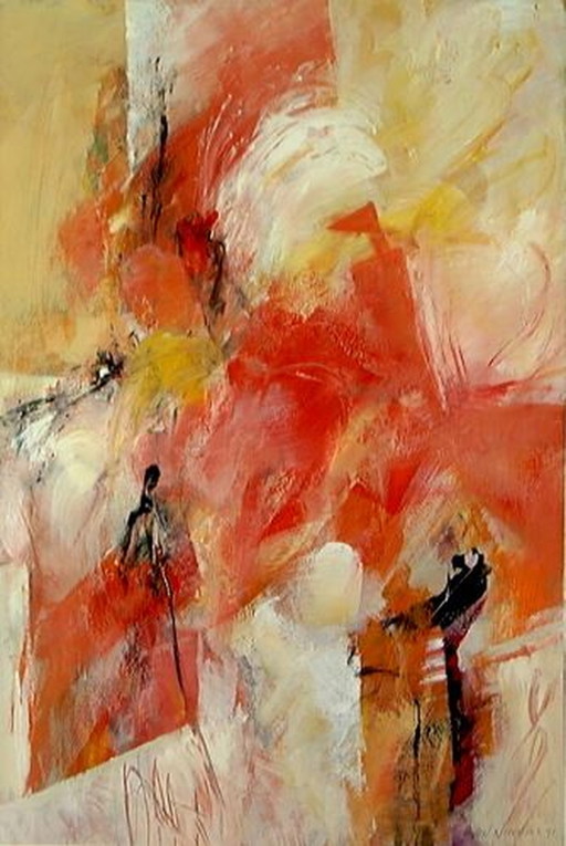 Yon Nicolas - Figuren, rode achtergrond – lithos zeefdrukken, Paper, Modern