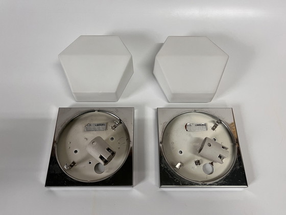 Image 1 of Set di 2 lampade da parete vintage Glashütte Limburg Hexagon in vetro opalino bianco con acciaio inossidabile