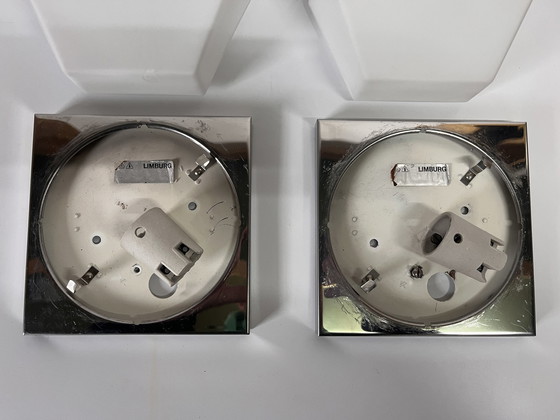 Image 1 of Set di 2 lampade da parete vintage Glashütte Limburg Hexagon in vetro opalino bianco con acciaio inossidabile