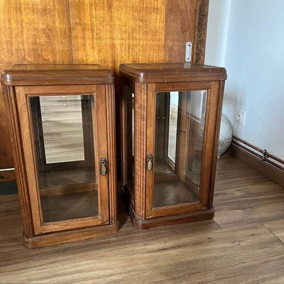 Image 1 of Pair of vintage wooden display cases with beveled glass