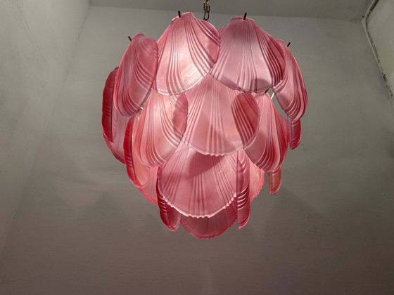 Image 1 of Chandelier with shell-shaped diffusers in pink glass, 1980s