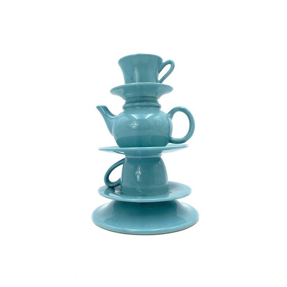 Image 1 of Vintage vase stacked with blue tea cups, Italy 1980
