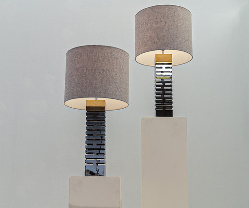 Pair Of Chrome Table Lamps By Max Sauze