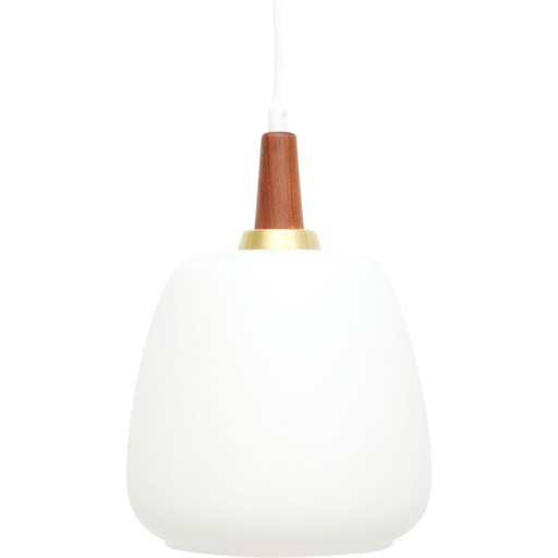 Vintage white pendant lamp in white glass and teak wood, Denmark 1960