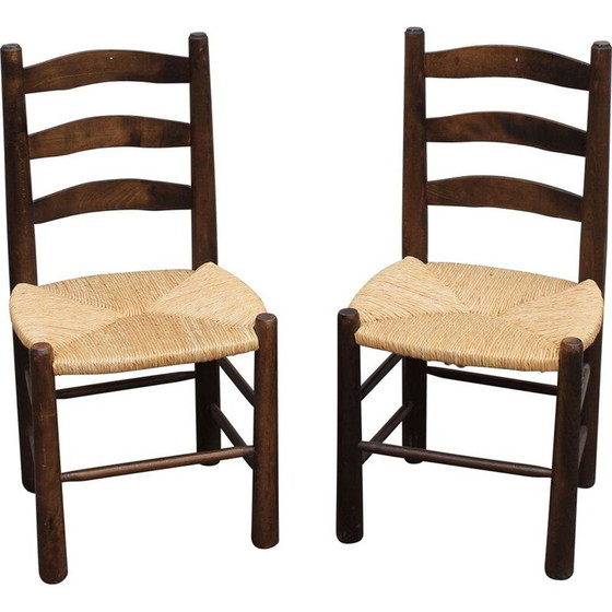 Image 1 of Pair of vintage brutalist chairs in wood and straw, 1980