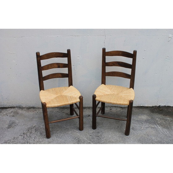 Image 1 of Pair of vintage brutalist chairs in wood and straw, 1980