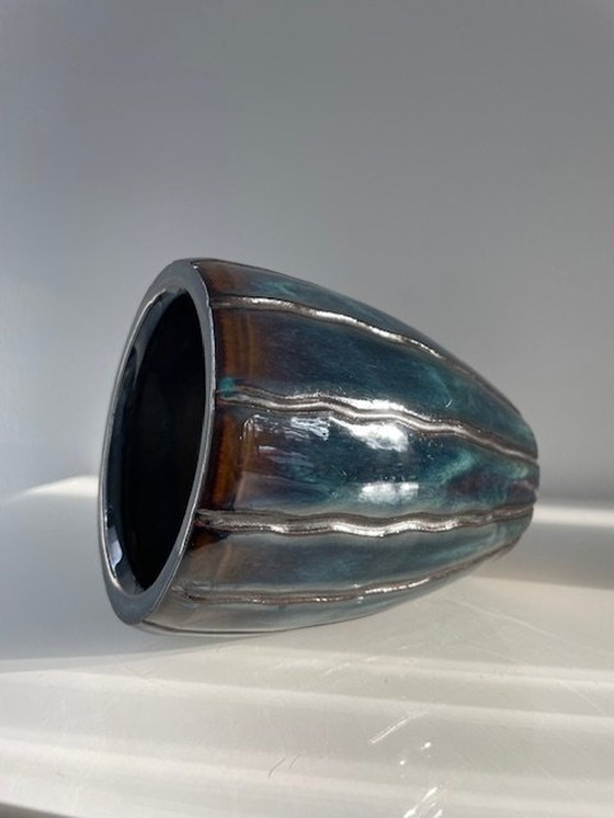 Image 1 of Modern Vase/Pot With Stripe Pattern And Oil/Petrol Glaze