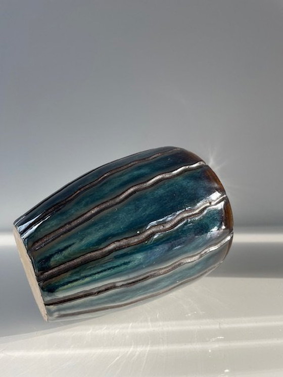 Image 1 of Modern Vase/Pot With Stripe Pattern And Oil/Petrol Glaze