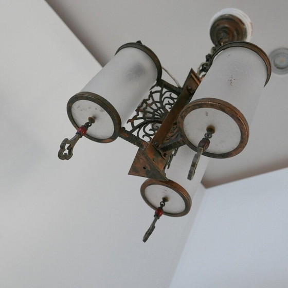 Image 1 of Vintage chandelier in frosted glass and patinated brass, England 1920