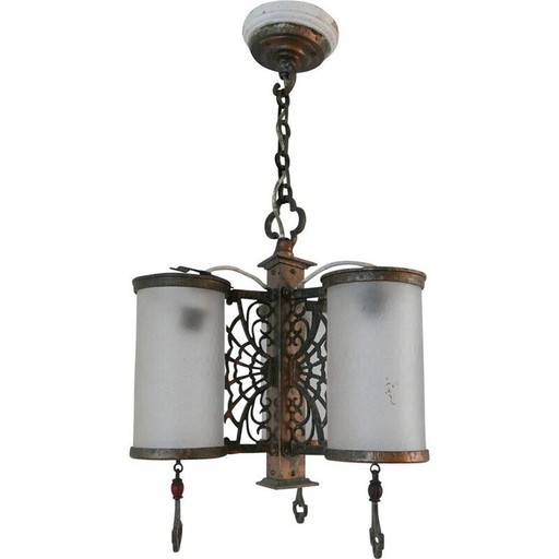 Vintage chandelier in frosted glass and patinated brass, England 1920