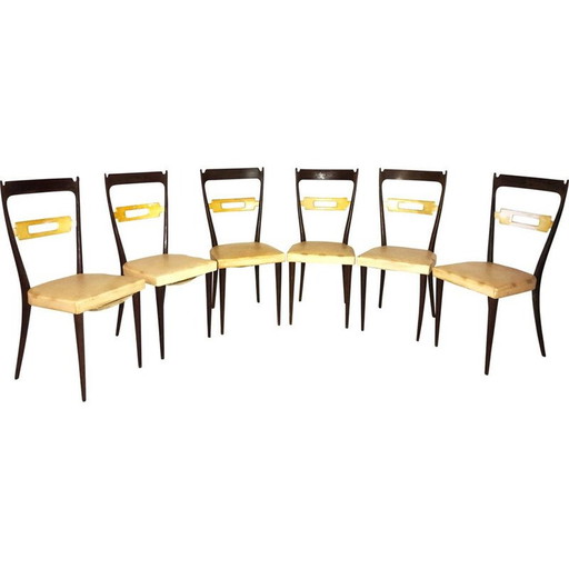 Set of 6 vintage chairs in dark wood and skai