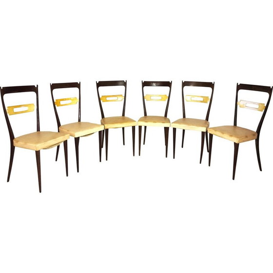 Image 1 of Set of 6 vintage chairs in dark wood and skai