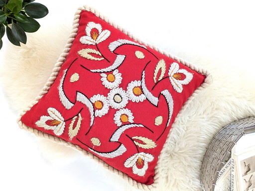 Floral Wool Pillow | Embroidered Decorative Cushion | 1970'S