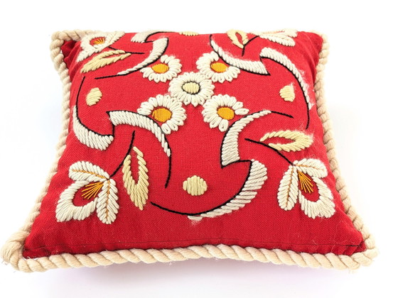 Image 1 of Floral Wool Pillow | Embroidered Decorative Cushion | 1970'S