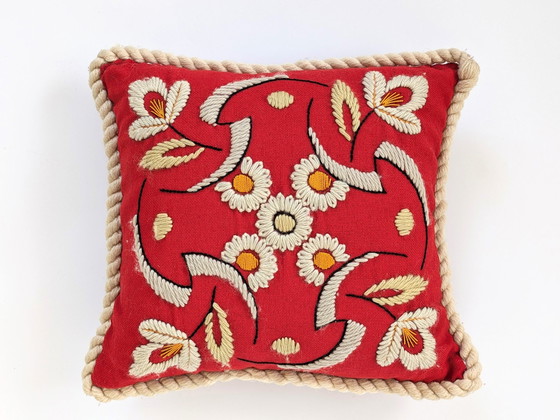 Image 1 of Floral Wool Pillow | Embroidered Decorative Cushion | 1970'S